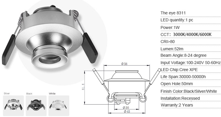 specifications of 1w mini led recessed light