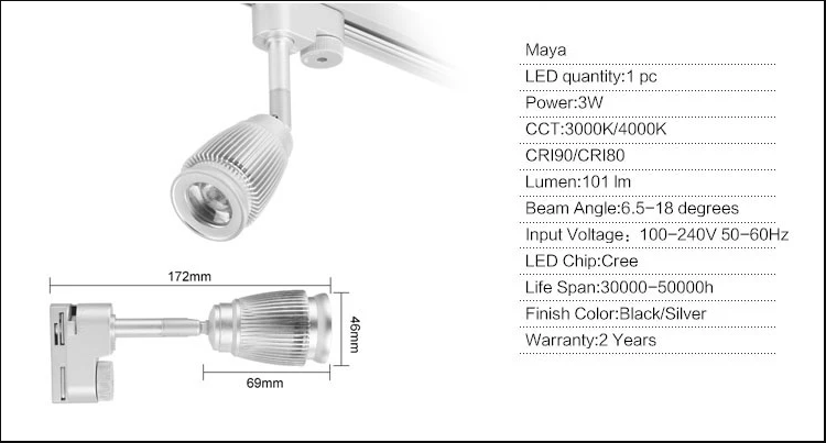 specifications of led track light narrow beam 6 degrees