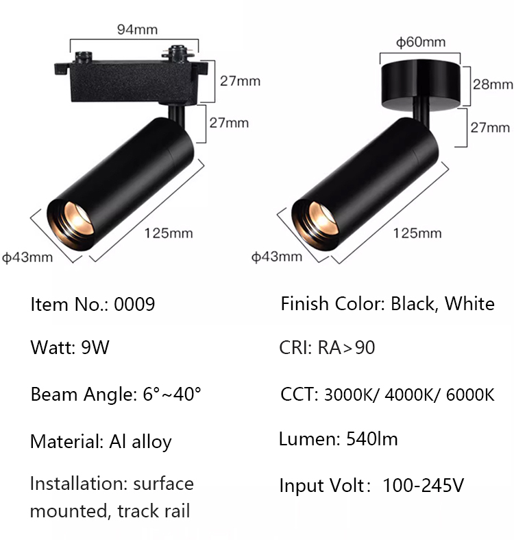 specs of 9w zoomable led track spotlight